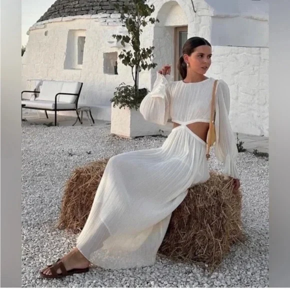 ZARA Cream Crinkly Midriff Cut Out Midi Dress M NWT - Picture 3 of 16